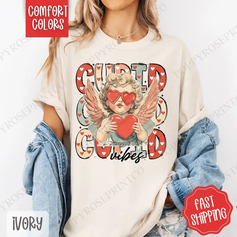 Cupid Vibes Shirt Comfort Colors, Valentine's Day Women's Tee, Holiday Women's Tshirt Hoodie, Sweatshirt | HypeDripTees.com
