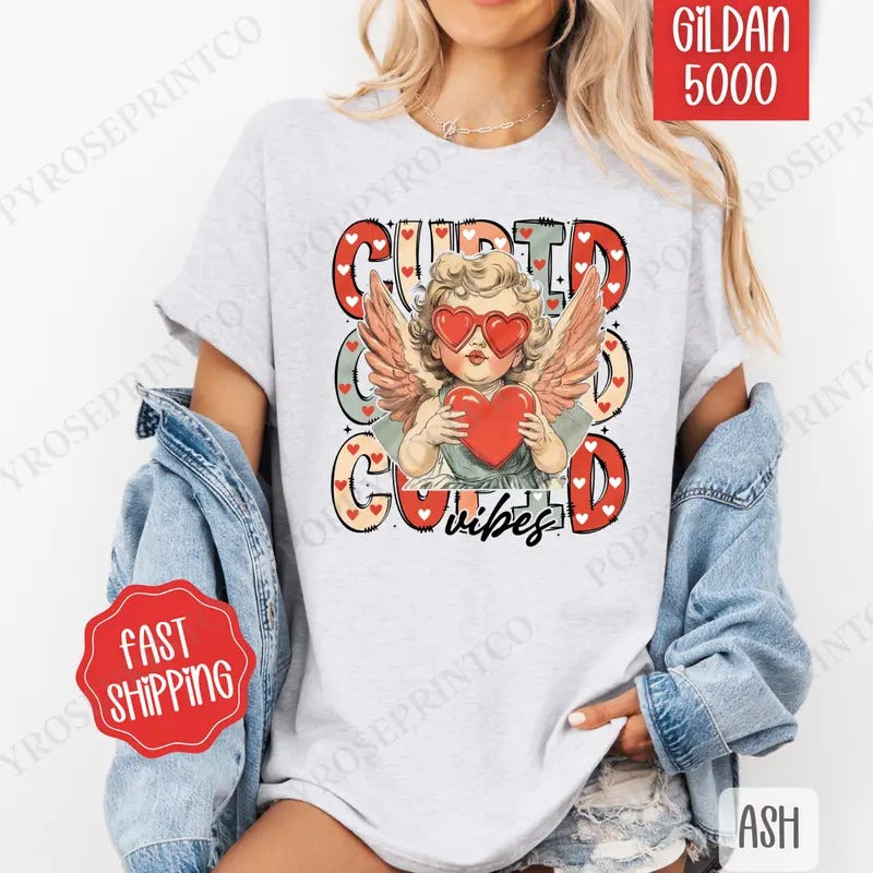 Cupid Vibes Shirt Gildan, Valentine's Day Women's Tee, Holiday Women's Tshirt Plus Sizes Hoodie, Sweatshirt