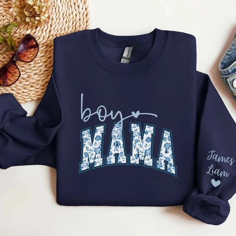 Custom Boy Mama Toile Sweatshirt, Kids Name on Sleeve, New Mom Gift, Pregnancy Announcement, Boy Mama Shirt, Baby...