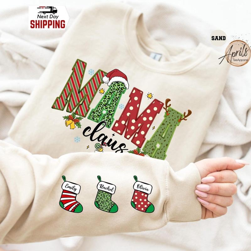 Custom Christmas Mama Claus Sweatshirt, Xmas Name Hoodie T-Shirts | HypeDripTees.com