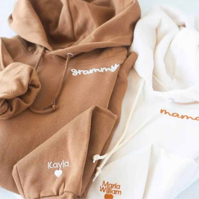 Custom Collar and Sleeve Embroidered Hoodie, Embroidered Mom mama Grandmother Sweatshirt with Names, Personalized Mama Shirt
