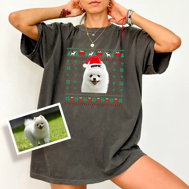 Custom Dog Photo Ugly Christmas T-shirt Comfort Colors, Customized Christmas Pet Shirt, Funny Dog Mom Tee, Pet Portrait...