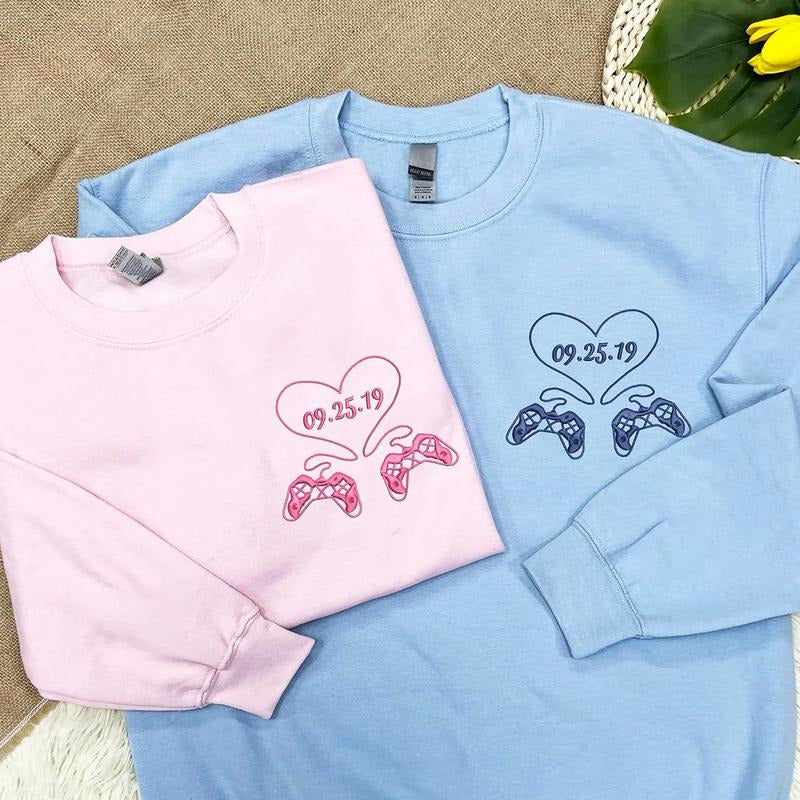 Custom Embroidered Gamer Controller Love Matching Sweatshirt for Couples, Embroidered Couple Hoodie, Personalized...