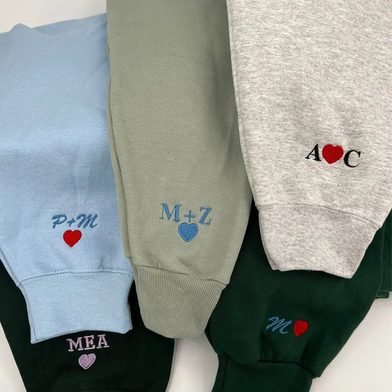 Custom Embroidered Initial Heart Crewneck Sweatshirt | Couple Shirt | Initial On Sleeve | Couple's Hoodie | HypeDripTees.com