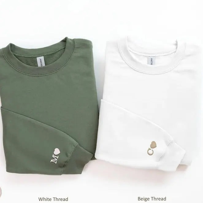 Custom Embroidered Initial Heart Sweatshirt, Personalized Couples Gifts, Couple Initials, Matching Sleeve Initial...