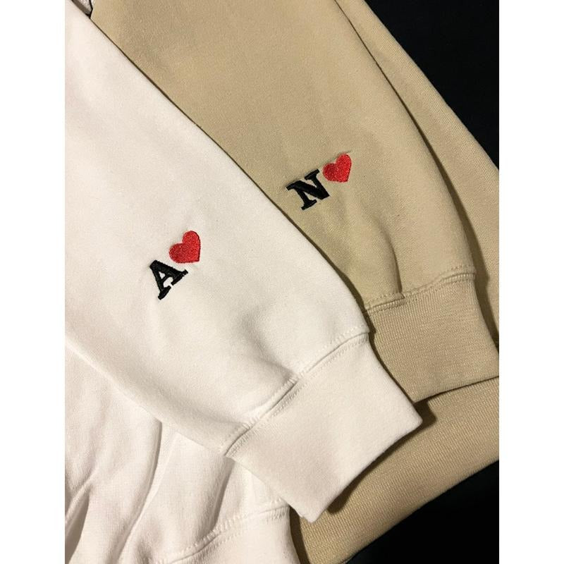 Custom Embroidered Initial Heart Sweatshirt, Personalized Couples Gifts, Valentines Couple Initials, Matching Sleeve...