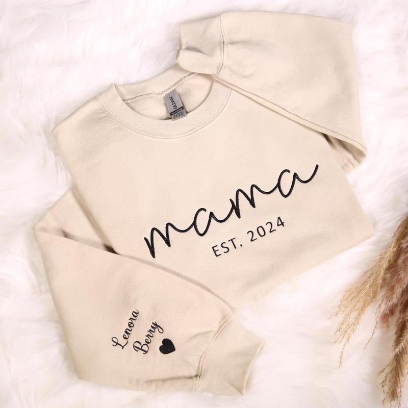 Custom Embroidered Mama Sweatshirt With Kids Names On Sleeve, Personalized Mom Embroidery Hoodie, Birthday Outfits, Baby...