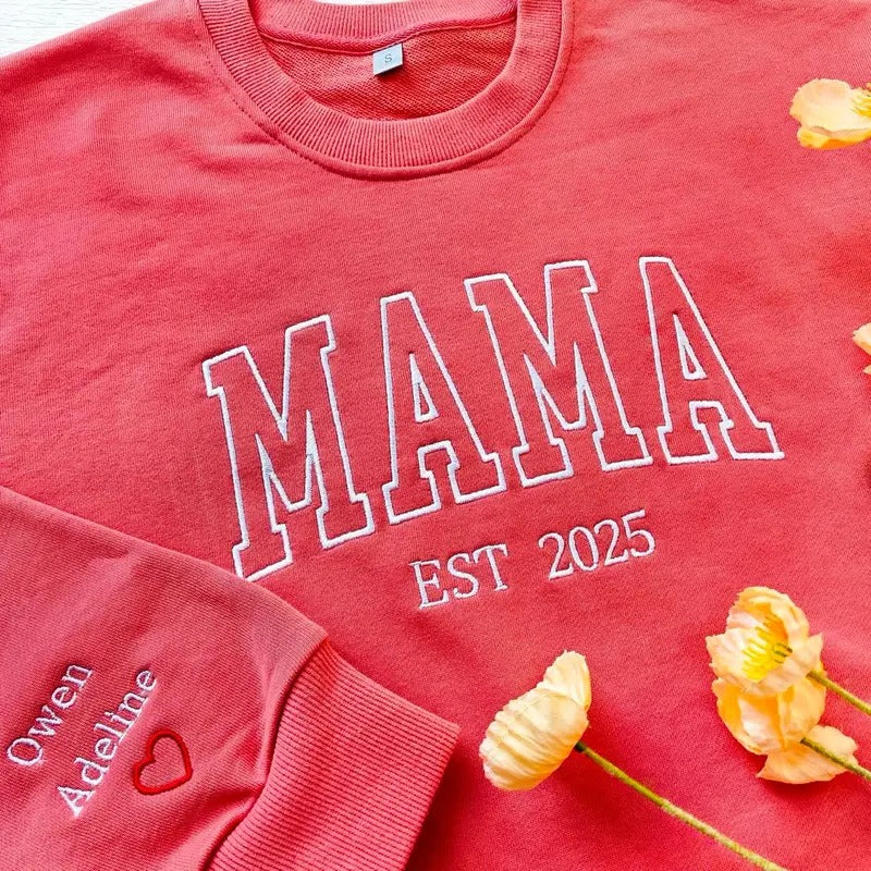 Custom Embroidered Mama Sweatshirt, Personalized Mom Hoodie With Names, New Mama Shirt, Pregnancy Announcement...