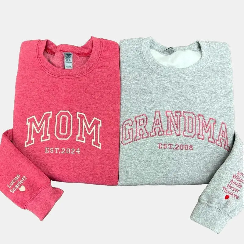 Custom Embroidered Sweatshirt, Name On Sleeve With Heart Hoodie, Grandma Shirt With Date, Mama Est Year Sweatshirt, Gift...