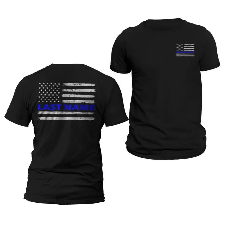 Custom Last Name Personalized Police Thin Blue Line Flag T-Shirt - Classic Fit