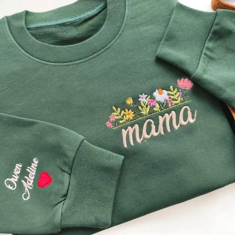 Custom Mama Embroidered Floral Sweatshirt, Custom Mama Crewneck With Kids Names, Heart On Sleeve, Shirt For New Mom,...