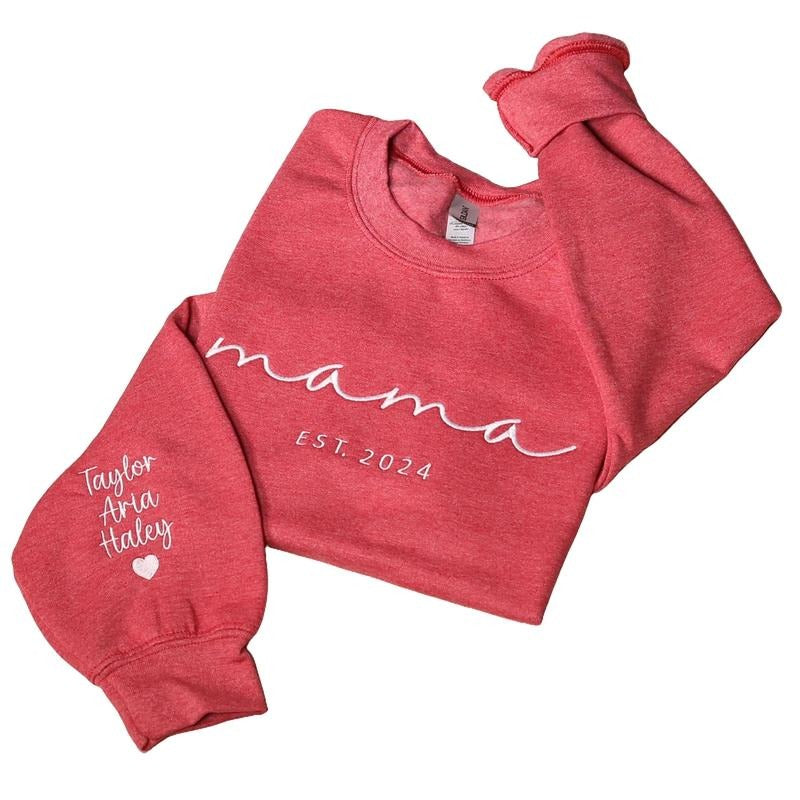 Custom Mama Embroidered Sweatshirt, Personalized Mom Sweatshirt With Kids Names Sleeve, Pregnancy Reveal Outfit, Birthday...