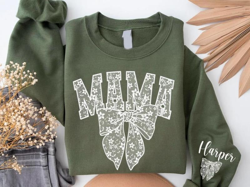 Custom Mama Sweatshirt With Kid Name On Sleeve, Personalized Mom Shirt, Minimalist Momma Hoodie, Gift For Mom, Coquette...