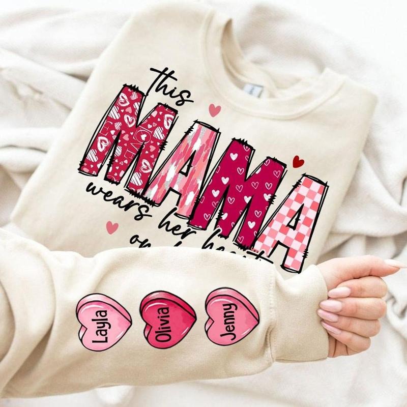 Custom Name This Mama Loves Her Hearts Her Sleeve Custom Name Shirt Valentine Candy Heart Shirt Mama Valentine Shirt T-Shirts, Hoodie, Sweatshirt
