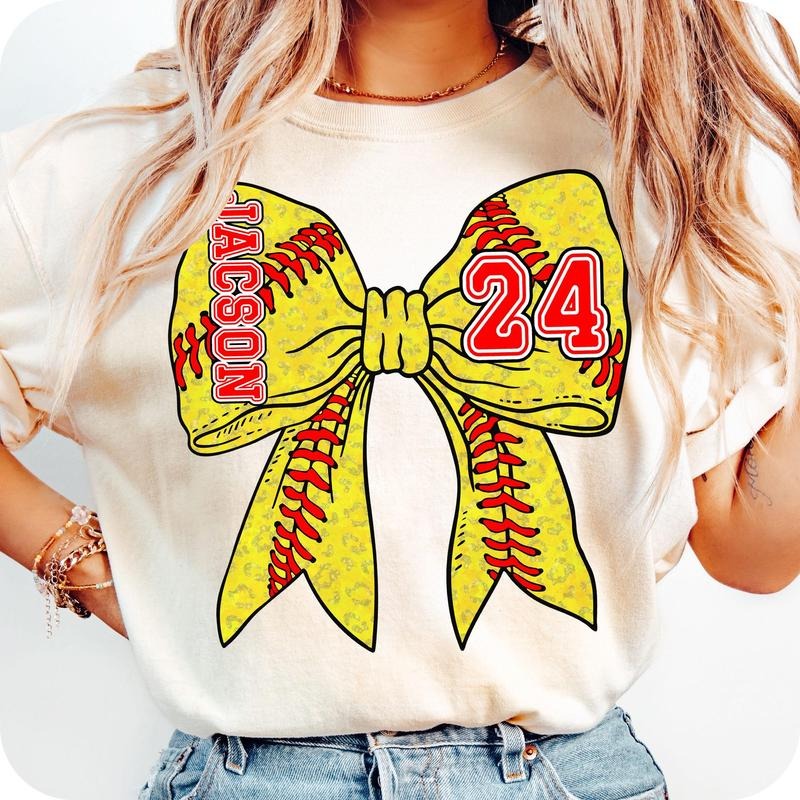 Custom Name Softball Coquette Bow T-Shirt, Mama Softball T-Shirt, Game Day Shirt, Softball Mom T-Shirt, Retro Sports Mom,...