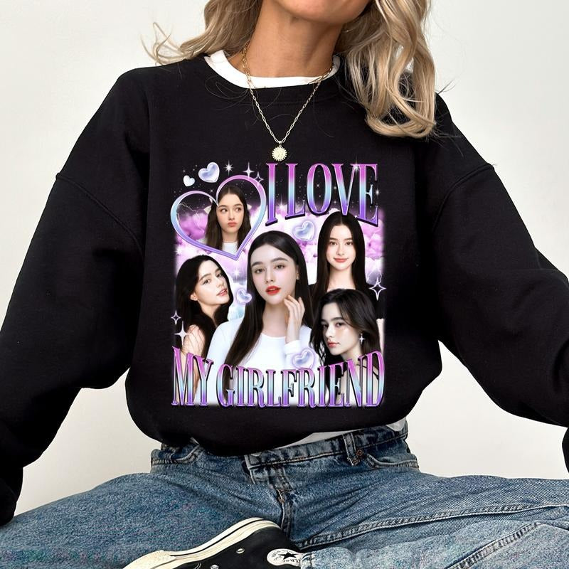 Custom Photo I Love My Girlfriend Sweatshirt, Retro Bootleg Rap Tops, I Love My Gf Sweater, Valentine's Day Gift for...