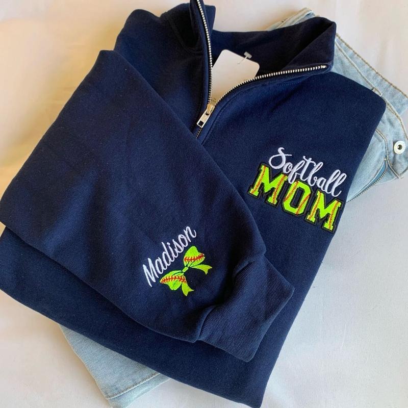 Custom Softball Mom Sweatshirt with Kid Name on sleeve, Personalized Softball Mama Shirt, Game Day Softball Season Zip...