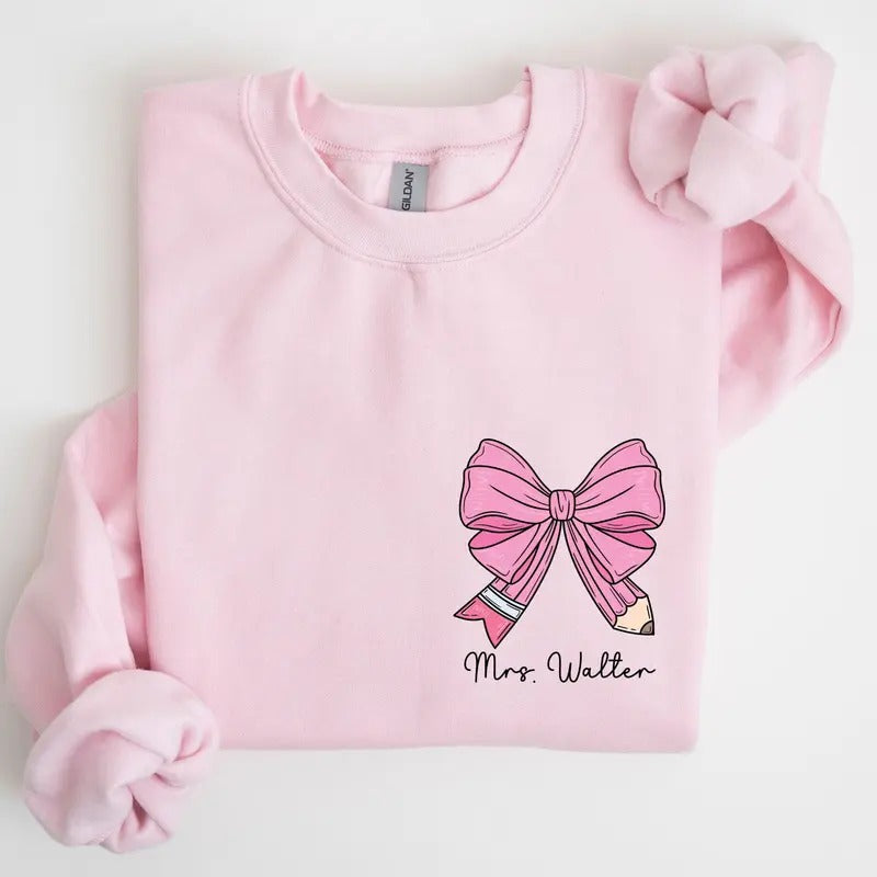 Custom Teacher Coquette Bow Valentine's Day Sweatshirt, Custom Teacher Name Hoodie, Teacher Appreciation Gift T-Shirts