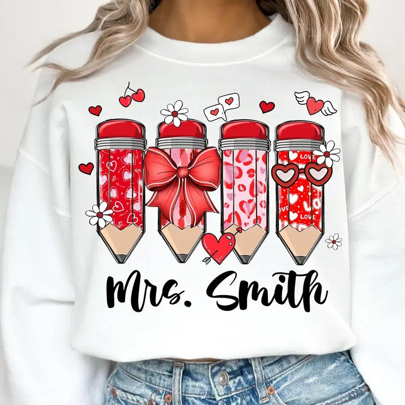 Custom Teacher Valentine Coquette Pencil Sweatshirt, Teacher Valentine Pencil Shirt, Teacher Gift Hoodie | HypeDripTees.com