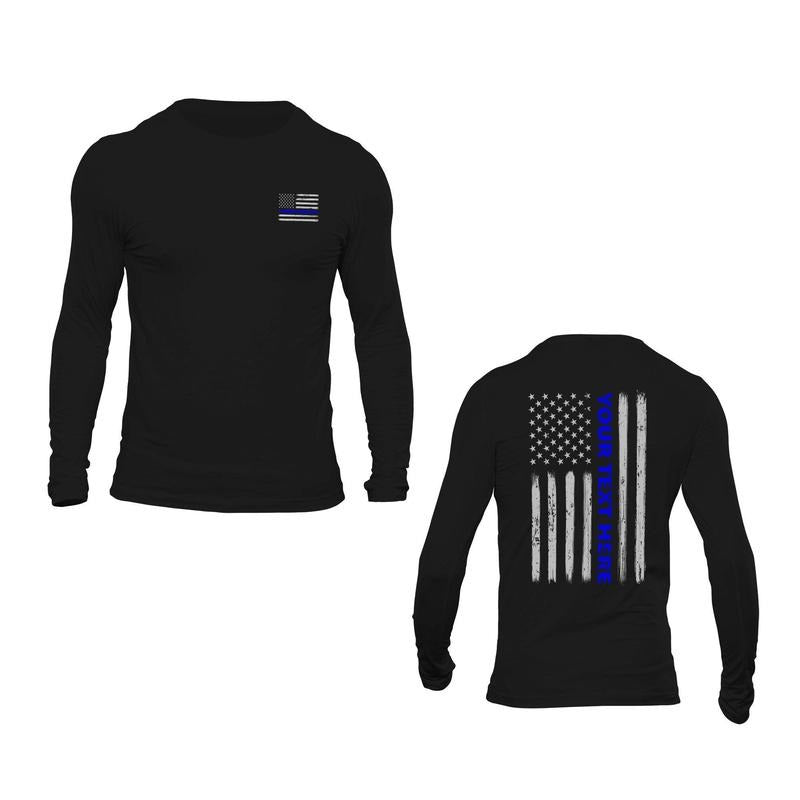 Custom Text Personalized Police Thin Blue Line Flag Long Sleeve T-Shirt Casual Classic Hoodie, Sweatshirt | HypeDripTees.com