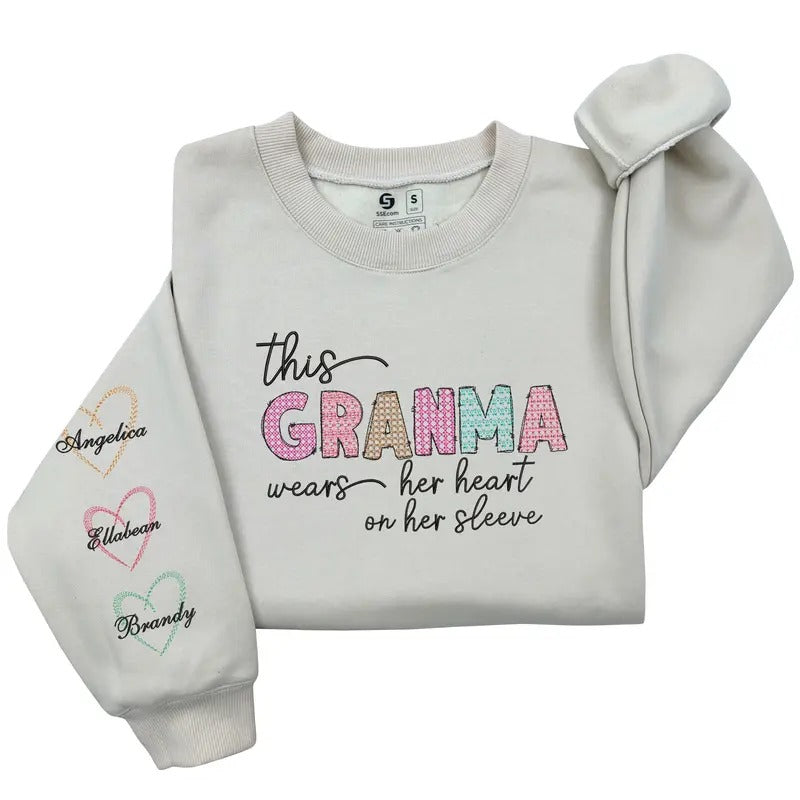 Custom This Grandma Wears Her Heart On Her Sleeve Embroidered Sweatshirt, Custom Grandkids Name on Sleeve Gift for Mom,...