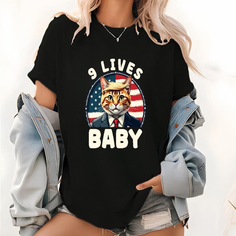 Cute "9 Lives Baby" Cat Trump Women's T - Shirt with American Flag Background Hoodie, Sweatshirt | HypeDripTees.com