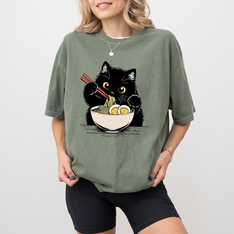 Cute Black Cat With Ramen Comfort Colors Shirt, Noodle Cat Graphic Tee, Cat Lover Unhinged Tees, Anime Lover T-shirt,...
