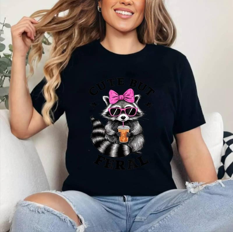 Cute But Feral Funny Colorful Racoon Sunglasses Racoon Cotton 100% Top Womenswear T-Shirts, Hoodie, Sweatshirt