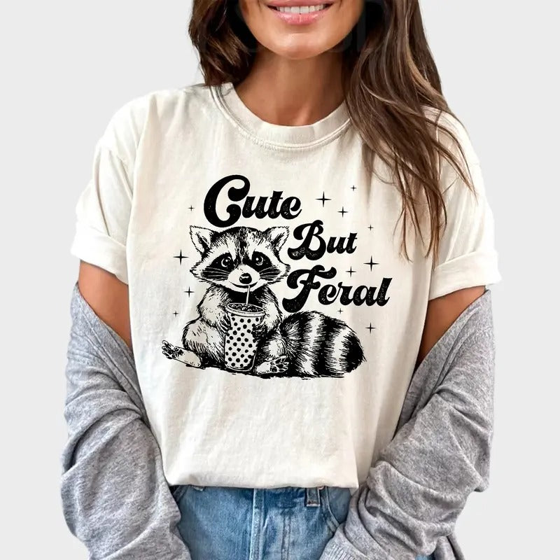 Cute But Feral Shirt, Meme Raccoon T-shirt, Funny Trash Panda Graphic Printed Tee, Feral T-shirt, Raccoon Lover Gift,...