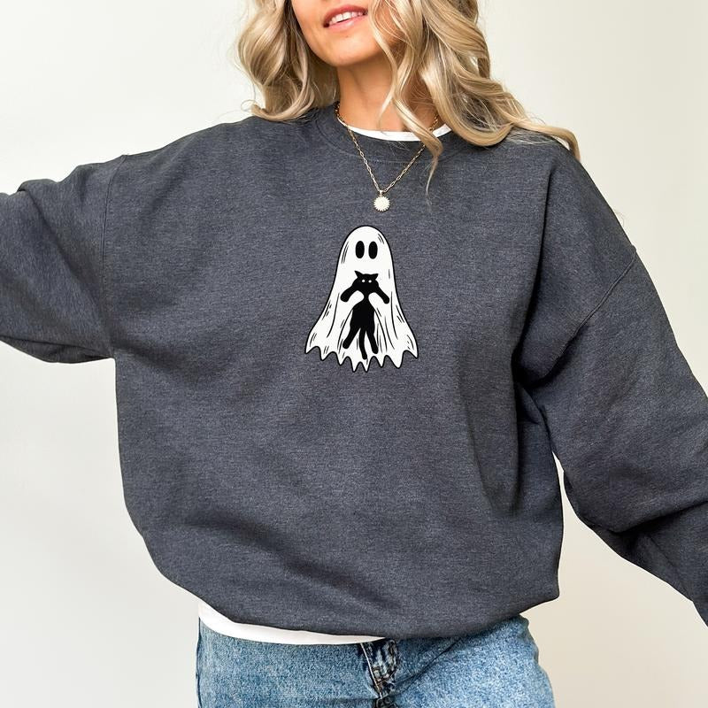 Cute Cat Ghost Sweatshirt, Funny Ghost Hugging Black Cat Crewneck, Halloween Boo Cat Sweatshirt, Cute Ghost Sweater,...