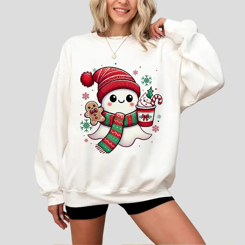 Cute Christmas Ghost T-Shirt, Festive Kawaii Ghost Holiday Shirt, Adorable Xmas Ghost with Hot Cocoa Tee, Fun and Cozy...
