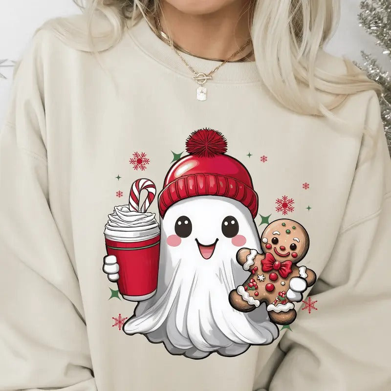 Cute Christmas Ghost with Gingerbread.  Casual Everyday Softstyle Christmas Unisex Pullover Crewneck Sweatshirt....