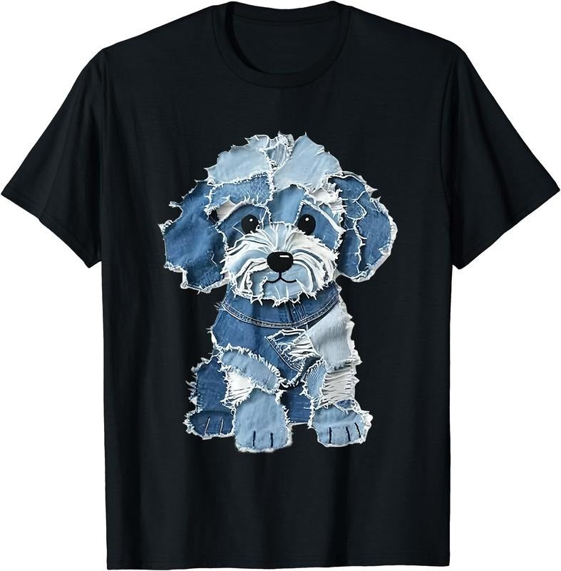 Cute Dog Denim Patchwork Art T-Shirt | Unisex Cotton Tee Gift, Crewneck, Short Sleeve Hoodie, Sweatshirt | HypeDripTees.com