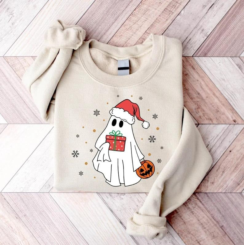Cute Ghost Christmas Sweatshirt, Ghost Santa Shirt, Women Christmas Hoodie, Gift For Christmas, Women Holiday Shirt,...