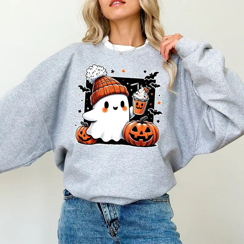 Cute Ghost Drinking Coffee Sweatshirt,Ghost Ice Coffee,Spooky Season Shirt,Fall Coffee Lover Sweatshirt,Halloween...