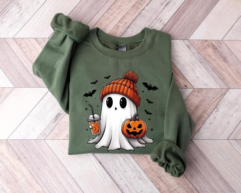 Cute Ghost Sweatshirt Funny Spooky Sweatshirt Womens Ghost Sweatshirt Spooky Season Halloween Party Shirt Fall Ghost...