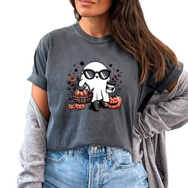 Cute Ghost with Glass, Coffee, Pumpkin, & Fall Leaves Shirt, Short Sleeve Halloween Shirt, Casual T Shirt for Women,...