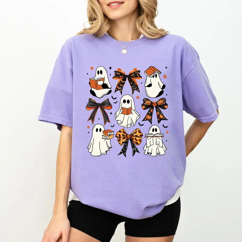 Cute Ghosts Reading Books Tee, Coquette Halloween Graphic T-shirt, Read More Books Halloween Unhinged Shirt, Coquette Bow...