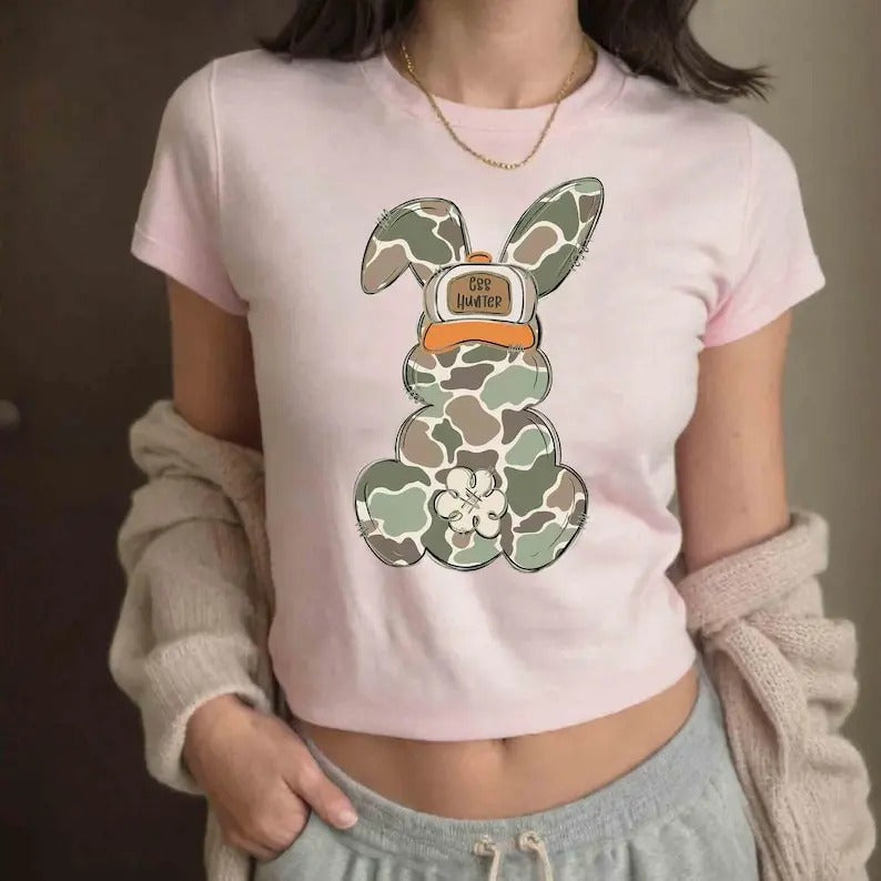 Cute Girl Easter Camo Baby Tee, Bunny With Cap Camo Croptop Women T-shirt, Egg Hunter Camo Birthday Girl 2025 Shirt, Girl...