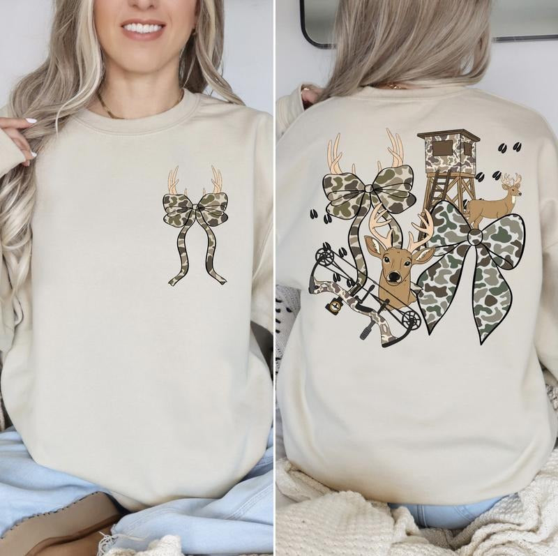 Cute Hunting Theme Camo Sweatshirt with Deer Bow Design on Front & Back for Stylish Wear T-Shirts, Hoodie | HypeDripTees.com