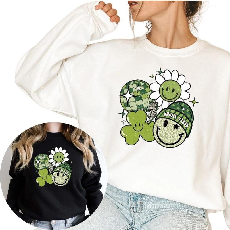 Cute Lucky Vibes Sweatshirt, Womens Shamrock Sweatshirt T-Shirts, Hoodie | HypeDripTees.com