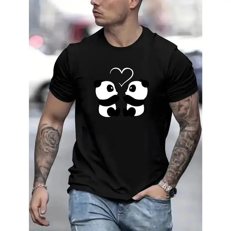 Cute Pandas Pattern Print Men's Fashion Comfy Breathable T-Shirt New Casual Top Round Neck Short Sleeve Tee For Spring...