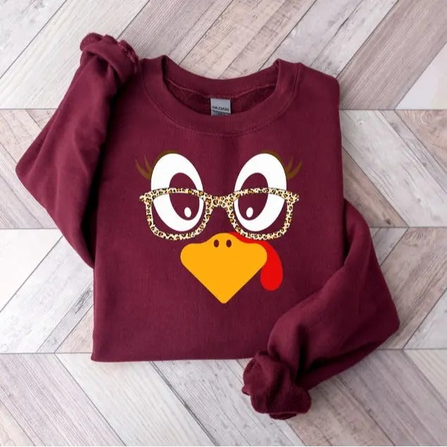 Cute Turkey Fall Thanksgiving Sweatshirt, Thanksgiving Family Matching Shirt, Turkey Face Shirt, Funny Thanksgiving...