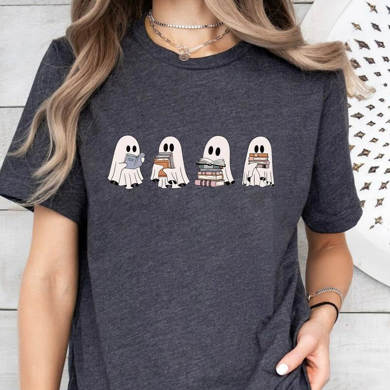 Сute Ghost Reading Books Shirt, Ghost Reading T-shirt, Books Lovers Shirt, Summerween Tee, Halloween Ghost T-shirt,...