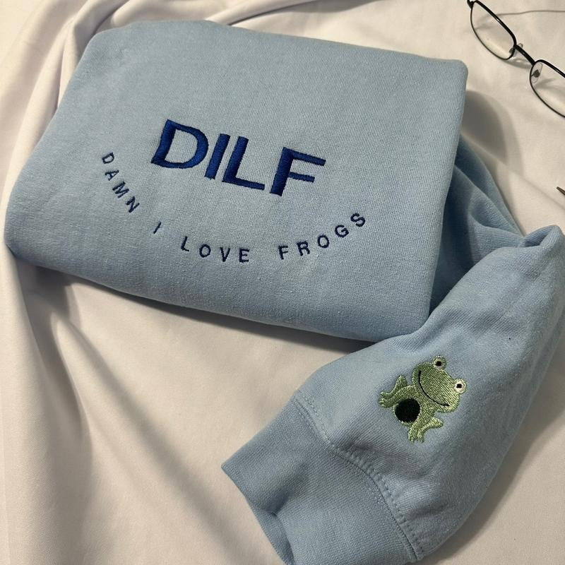 DILF, Damn I love frogs embroidered sweatshirt, funny gifts for him, men sweatshirt, oversized crewneck Cotton Cotton...