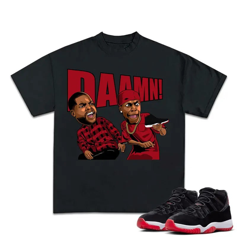 Daaaamn Match 11s Bred Velvet Sneakers Outfits, Menswear Essentials, Cotton T-shirt with Graphic Tee, Y2K Streetwear, Hip...
