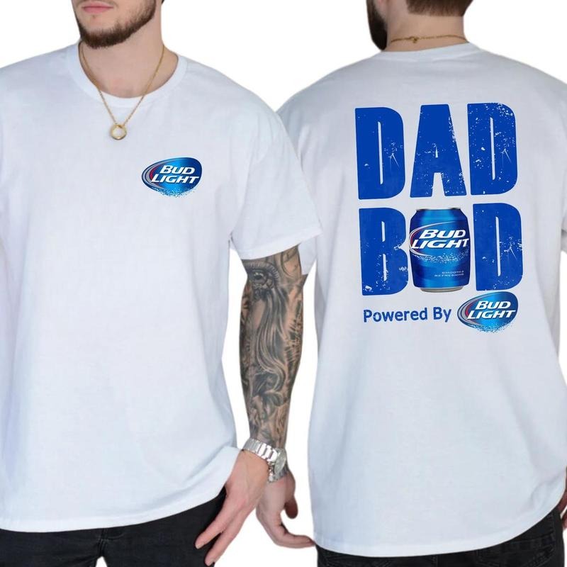 Dad Bod Powered By Bud Light T-shirt, Men's Beer Drinking Tees, Funny Graphic Design, Soft Cotton, Classic Fit, Perfect...