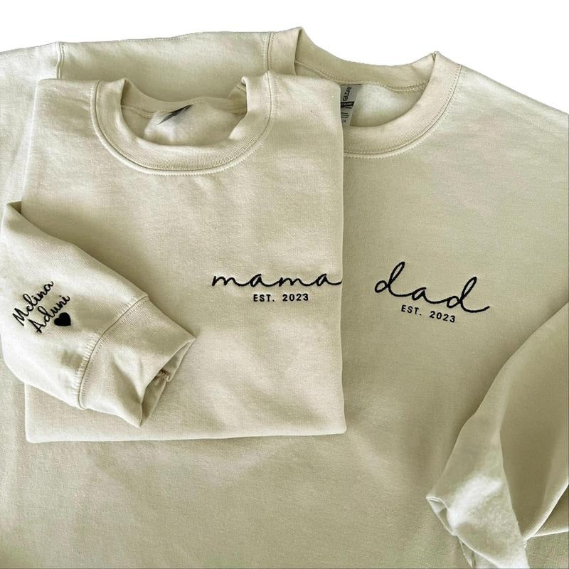 Dad Embroidered Sweatshirt, Custom Mama Sweatshirt With Names, Heart On Sleeve, Daddy Est Year Sweater, Gift For New Dad,...