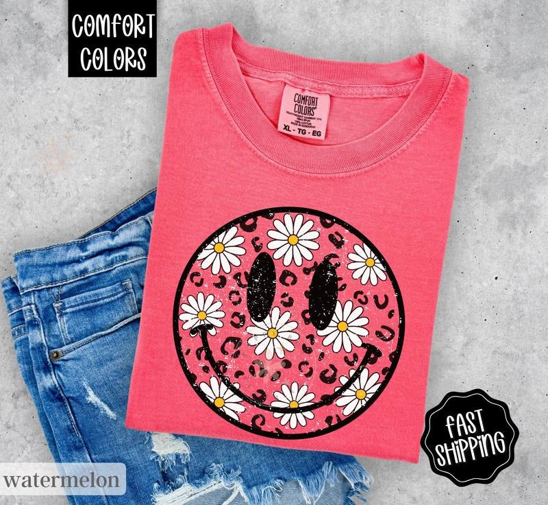 Daisy Floral Happy Face Shirt Comfort Colors, Summer Floral Shirt, Oversized Women's shirt, Swimsuit Cover Hoodie, Sweatshirt