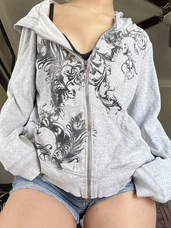 Dark Floral Print Fall & Winter Basic Fashion Hoodie Jacket, Loose-Fitting Casual Outerwear, Stylish Women's Clothing,...